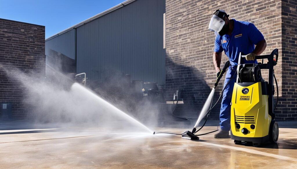high-pressure washer in action, blasting away dirt and grime from a commercial building in St. Louis. The company's logo is visible on the equipment, and the surrounding area is sparkling clean. A professional worker is operating the machine, wearing protective gear and focusing on the task at hand. The sun is shining brightly, highlighting the effectiveness of the pressure washing. In the background, other buildings and signs indicate the cityscape of St. Louis.