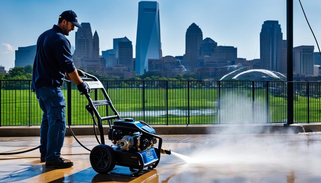 powerful pressure washer in action, with the St. Louis skyline visible in the background. Show the equipment and the surroundings in crisp detail, highlighting the expertise and precision of the best pressure washing company in the area. Use color and lighting to convey a sense of professionalism and efficiency.