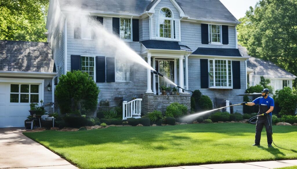 outdoor setting with a home's exterior covered in dirt and grime. A St. Louis pressure washer is shown spraying high-pressure water onto the house, effectively cleaning off the dirt and leaving the house looking clean and refreshed. In the background, other houses are seen in various states of cleanliness, highlighting the importance of regular pressure washing for maintenance. The overall vibe should be bright and sunny, with a feeling of satisfaction and accomplishment once the cleaning is complete.
